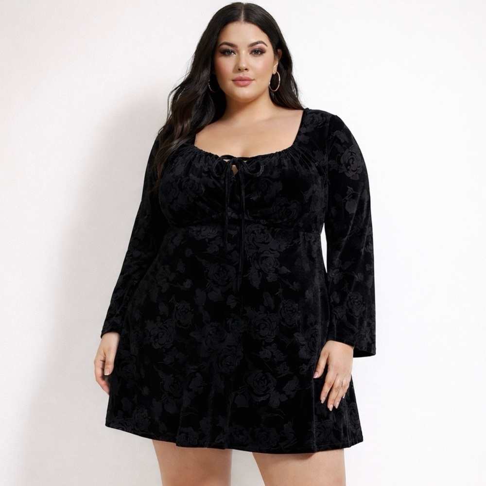 Black Burn Out Velvet Dress Mini Milkmaid Rose Whimsigoth Goth Dark Feminine 2XL